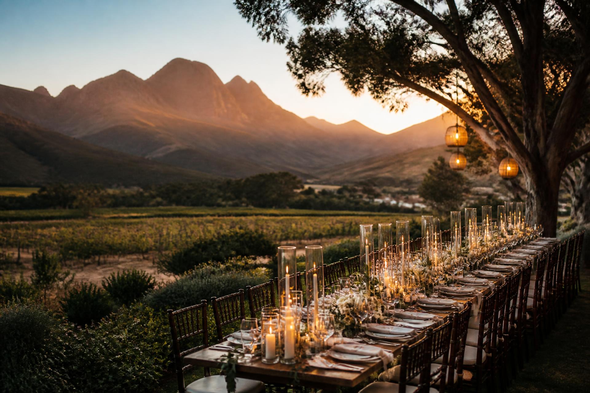 South African vineyard wedding venue at golden hour